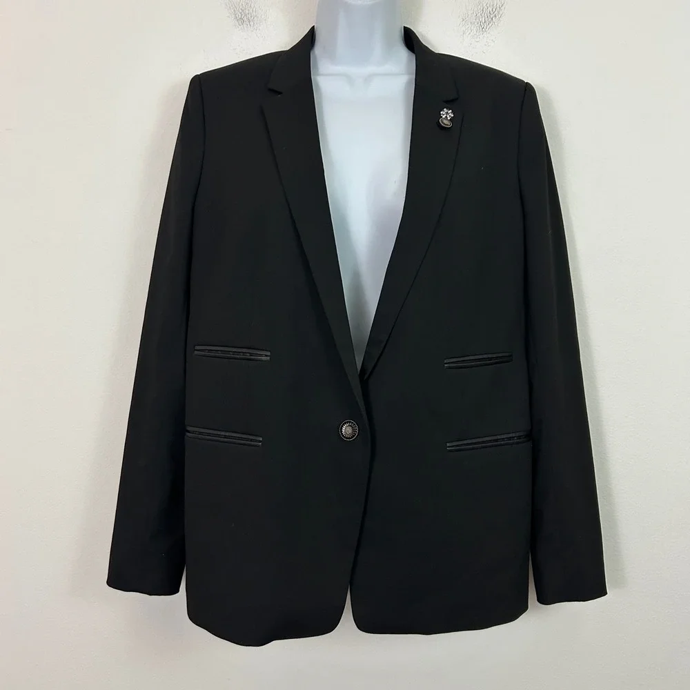 The Kooples Black Tailored Blazer Crystal Embellished Button Size 40